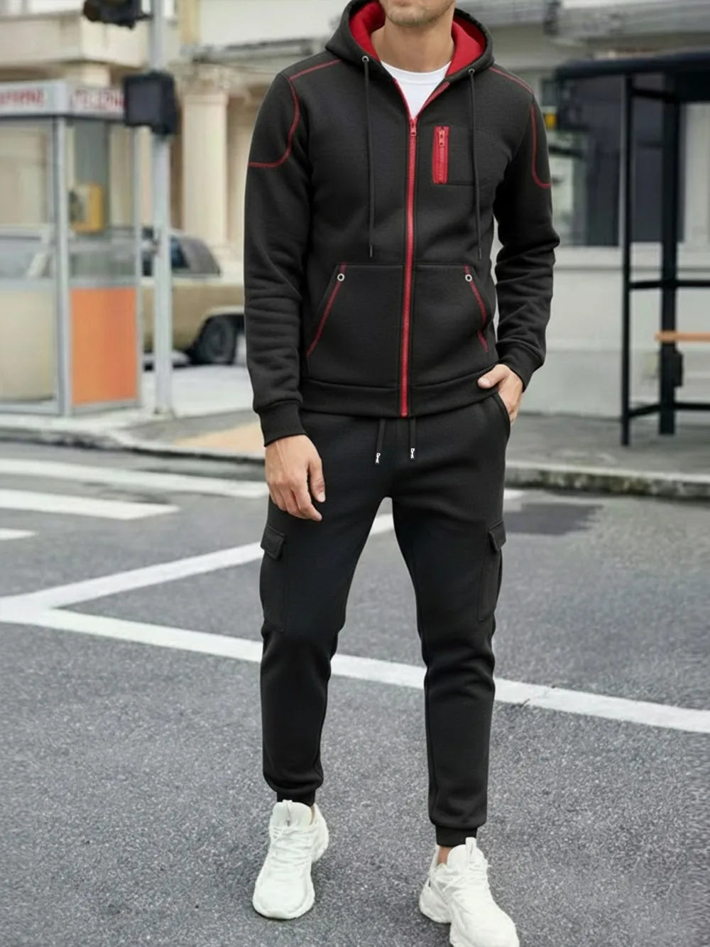 2025 Popular Two-piece Men's Sportswear Autumn Solid Color Jogging Suit Hooded Zipper Jacket + Sport Pants Casual Sports Set
