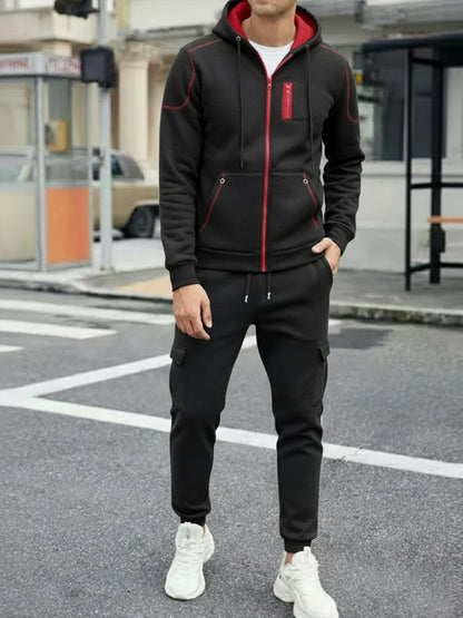 2025 Popular Two-piece Men's Sportswear Autumn Solid Color Jogging Suit Hooded Zipper Jacket + Sport Pants Casual Sports Set