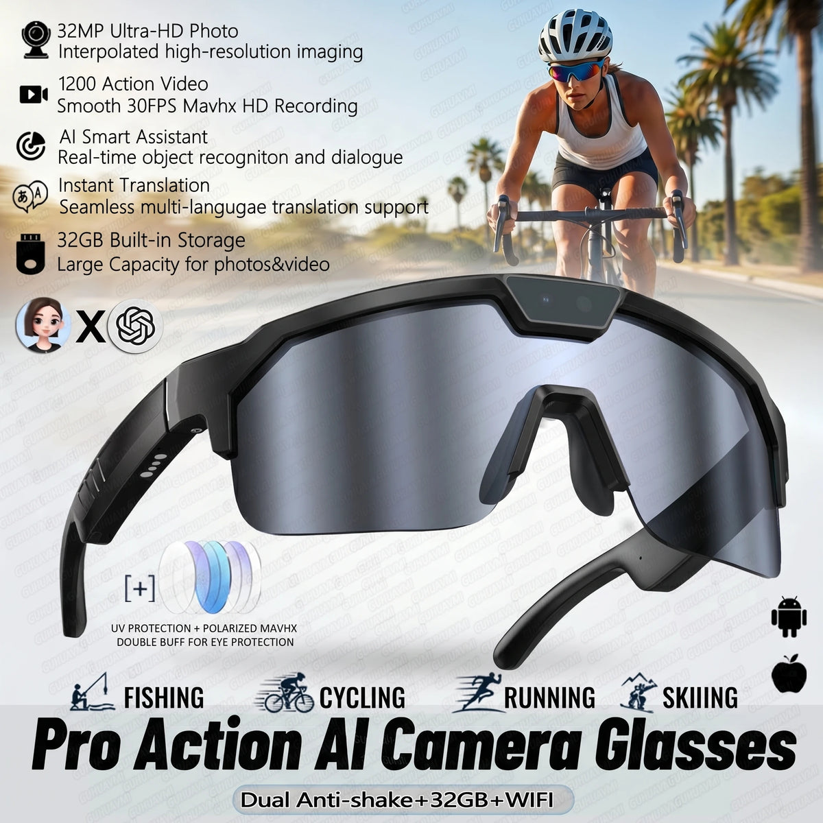 2026 New AI Smart Sports shooting&amp;recording Glasses 800W Camera HD Anti-shake Bicycle Riding Shooting Artifact Windproof Goggles