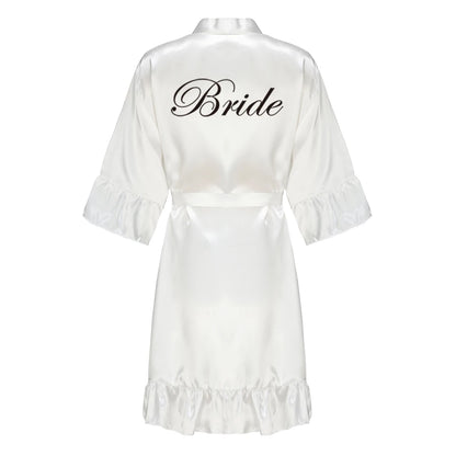 Green Bridesmaid Mother of The Bride Robes With Ruffle White Letters Satin Bridal Party Bathrobe Wedding Gift