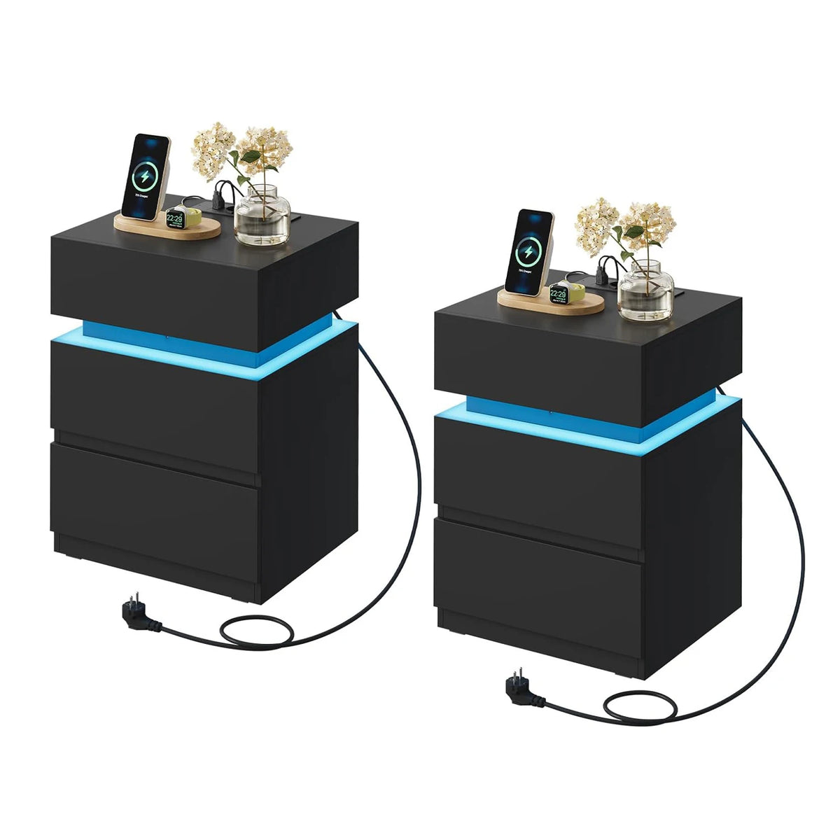 WOLTU Nightstand White/Black Bedside Table with LED Lighting 2 Drawers USB Charging Function Narrow Sofa Table
