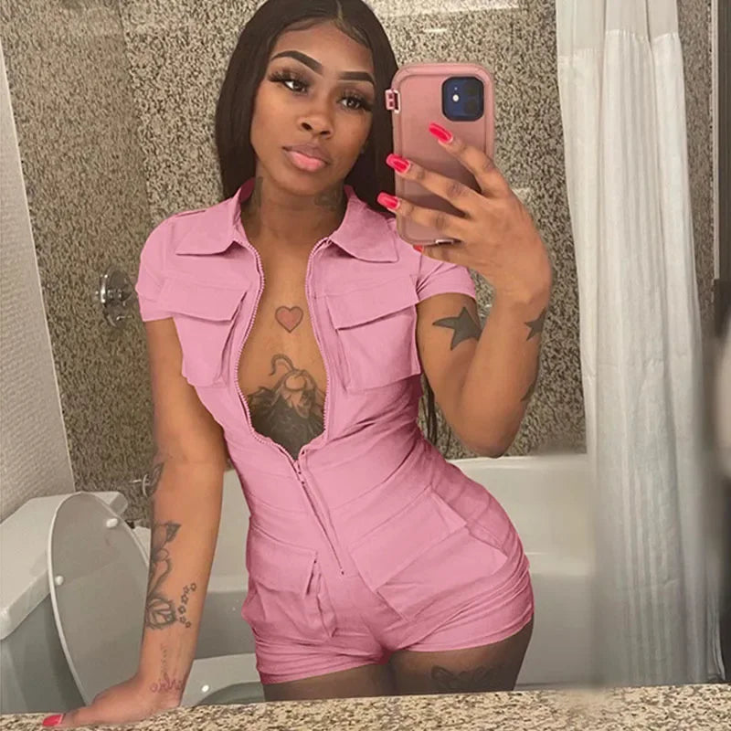Streetwear Zipper Pockets Shorts Jumpsuit Women Clothing Short Sleeve Skinny Cargo Playsuit Summer Casual One Pieces Romper