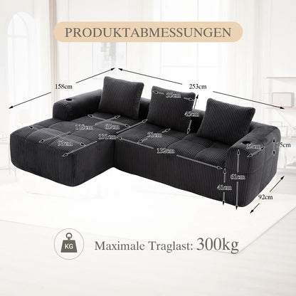 Compact Sofa Soft, Modular Sofa with Side Pocket and Beverage Holder, High Quality Comfort for Long Sitting, Incl. Pillows