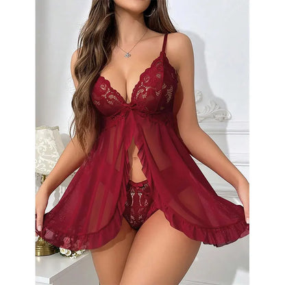 Sultry Thong Set Nightgown For Sexy Women Sling Deep V Sleepwear Sets With Pantiess Plus-size Pajamas Short Skirts At Night