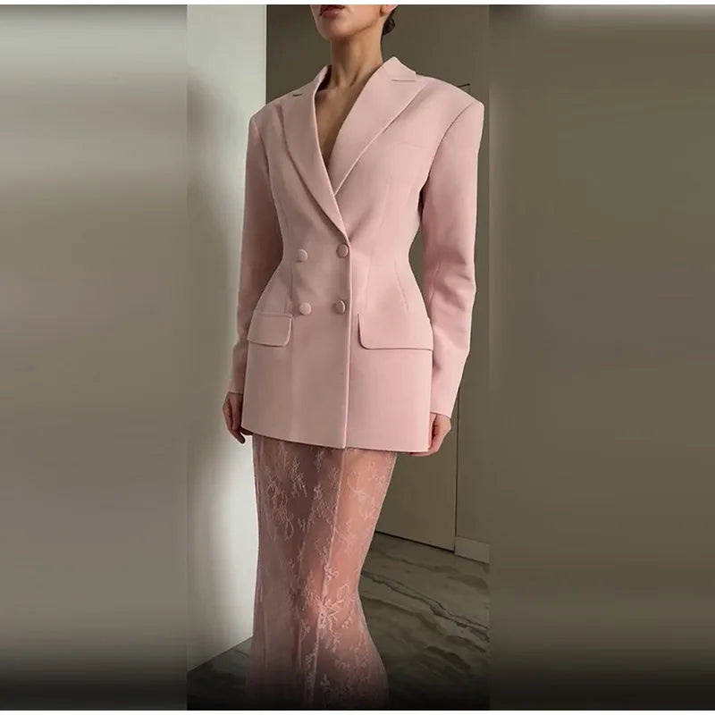 Retro Solid Suit Jacket Lace Skirt Set Women Sexy Waist-cinching Jackets Perspective Long Skirts Sets Lady 2025 Chic Streetwear