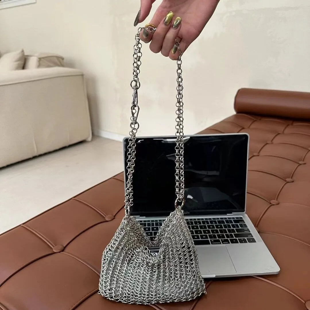 Metallic Hauberk Shoulder Bag Woven Ring Tote Chain Mail Designer Purses and Handbags Handmade Hollow Crossbody Bags for Women