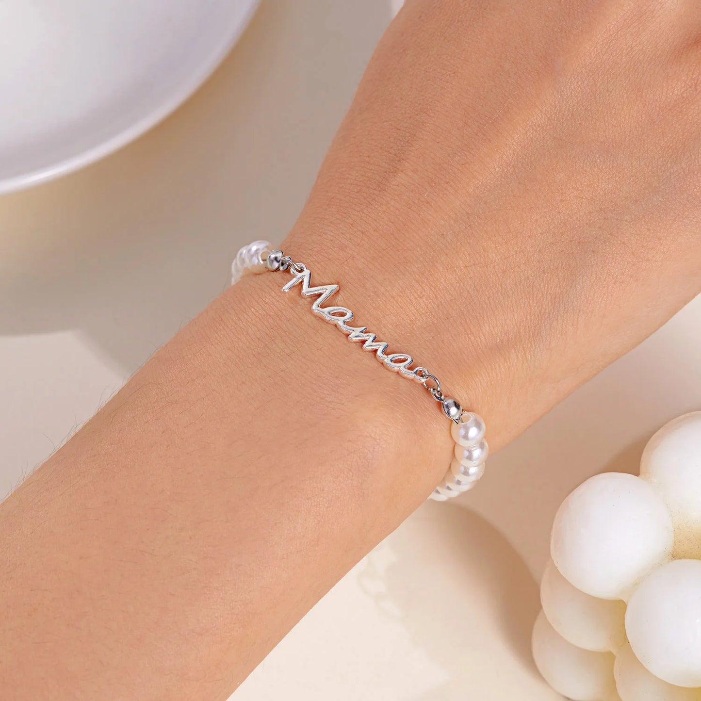 Imitation Pearl Letter Mama Pendant Bracelets Fashion Charms Stainless Steel Chains Bracelet for Women Jewelry Mother's Day Gift