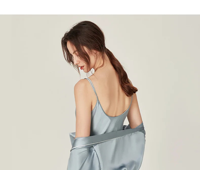 BirdTree, 100%Real Silk Simple Night-robe, Women V Neck Long Sleeve, Elegant Sexy Pajamas Robe, 2024 Summer Autumn New P469123QM
