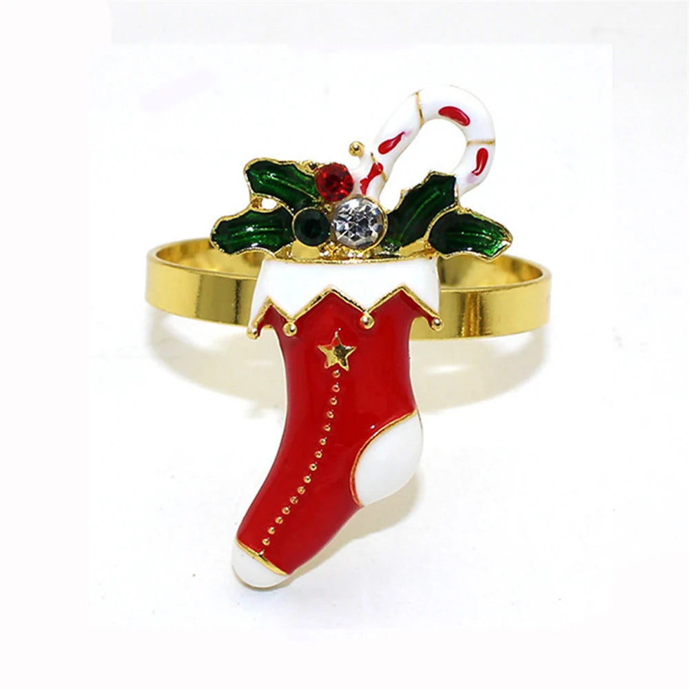6Pcs Christmas Napkin Rings Gold Xmas Tree Deer Snowflake Hat Socks Napkin Buckles for Christmas Party Dinner Table Decorations
