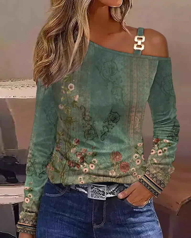 Sexy Elegant Off Shoulder White Lace Women Tops And Blouses 2023 Autumn Long Sleeve Top Femme Print Metal Buckle Office Blouse