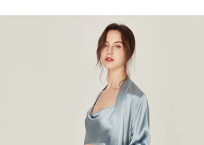 BirdTree, 100%Real Silk Simple Night-robe, Women V Neck Long Sleeve, Elegant Sexy Pajamas Robe, 2024 Summer Autumn New P469123QM