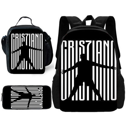 Child School Football R-RonaldoS CR7 Backpack with Lunch Bags ,Pencil Bags ,School Bags for Boys Girls Best Gift