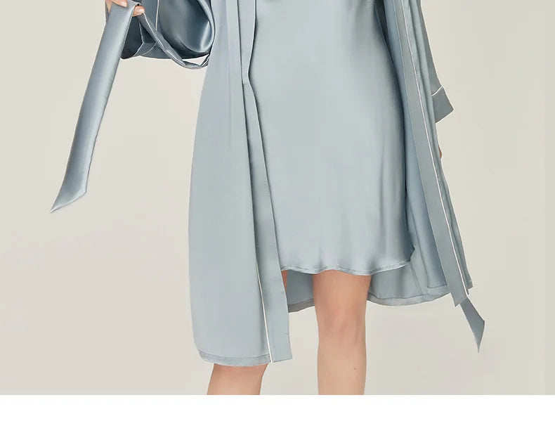 BirdTree, 100%Real Silk Simple Night-robe, Women V Neck Long Sleeve, Elegant Sexy Pajamas Robe, 2024 Summer Autumn New P469123QM