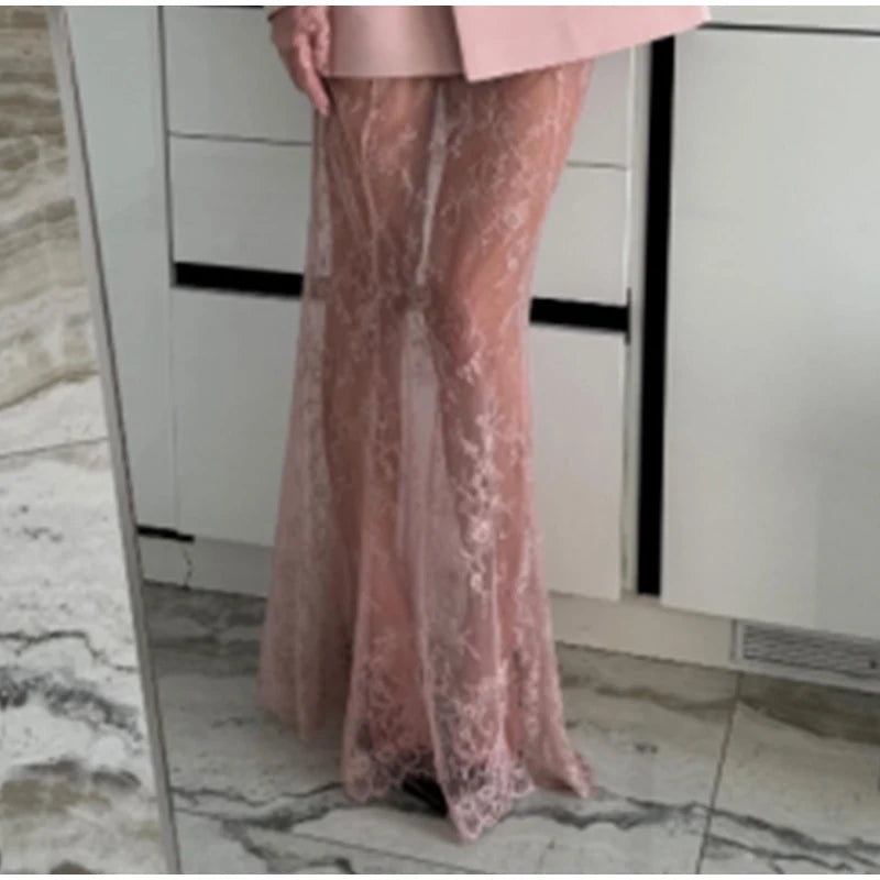 Retro Solid Suit Jacket Lace Skirt Set Women Sexy Waist-cinching Jackets Perspective Long Skirts Sets Lady 2025 Chic Streetwear
