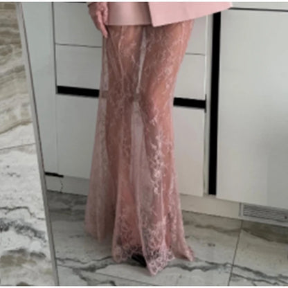 Retro Solid Suit Jacket Lace Skirt Set Women Sexy Waist-cinching Jackets Perspective Long Skirts Sets Lady 2025 Chic Streetwear