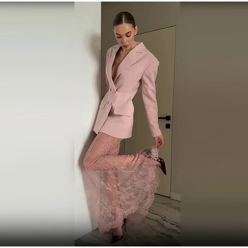 Retro Solid Suit Jacket Lace Skirt Set Women Sexy Waist-cinching Jackets Perspective Long Skirts Sets Lady 2025 Chic Streetwear
