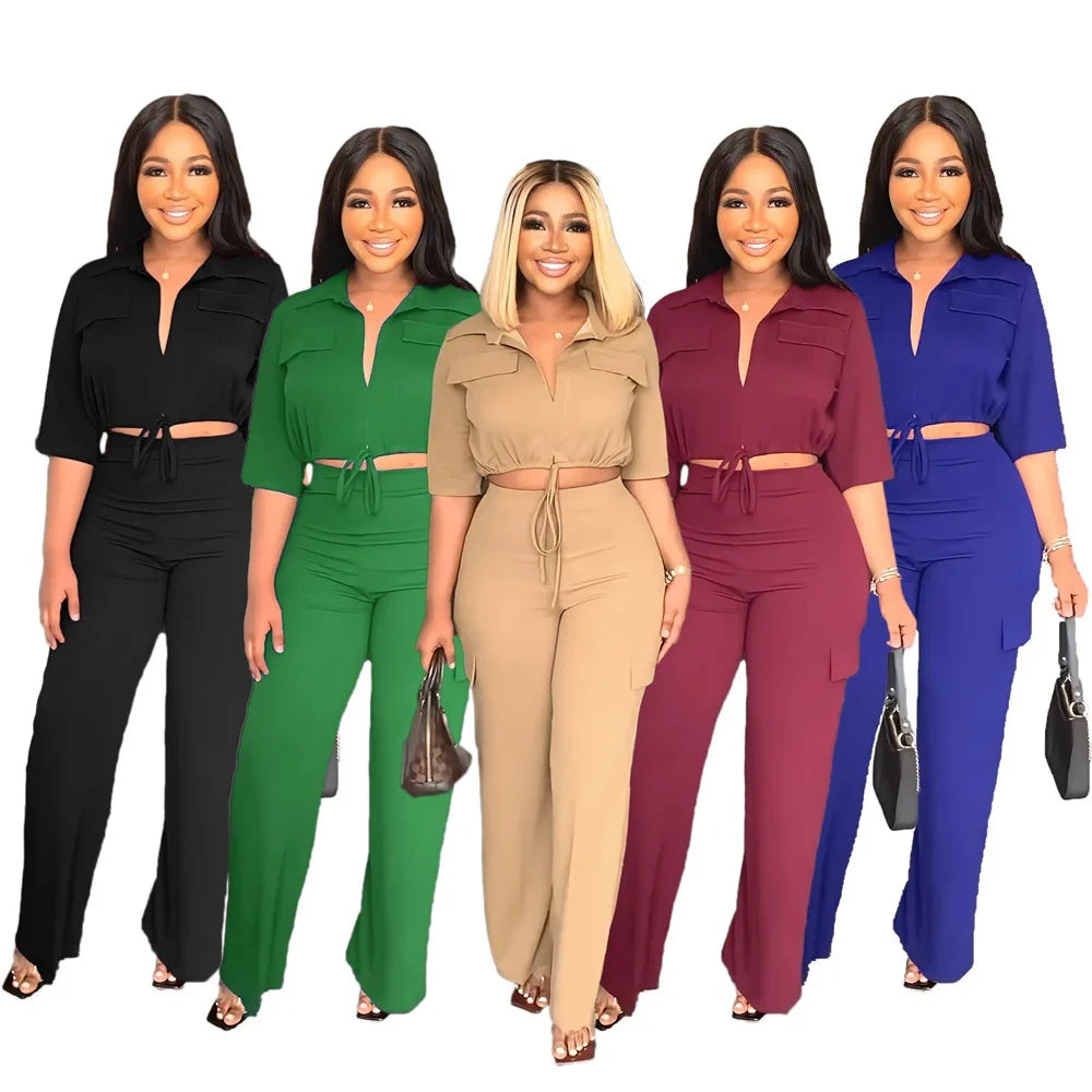Elegant Office Women Two Piece Sets Autumn V Turn-down Neck Half Sleeve Drawstring Lace Up Short Shirt + Wide Leg Trousers Set