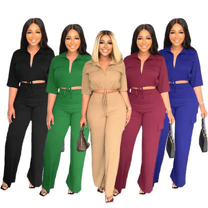 Elegant Office Women Two Piece Sets Autumn V Turn-down Neck Half Sleeve Drawstring Lace Up Short Shirt + Wide Leg Trousers Set