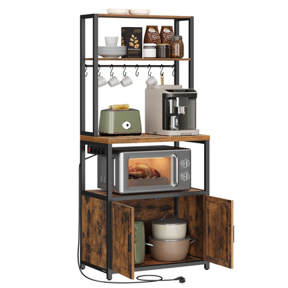 Kitchen Shelf with Power Strip, 8 Hooks, 40 x 60 x 170 cm, Rustic Brown and Ink Black/ Oak Gold and Cloud White