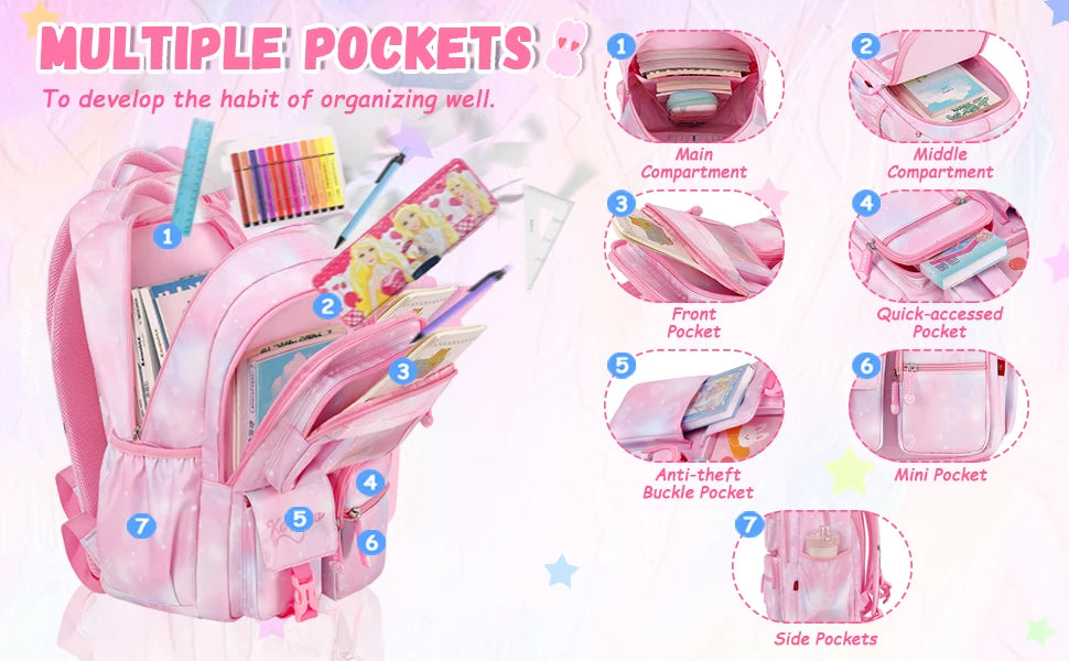 Kids Backpack for Girls - Middle School &amp; Elementary School - Kawaii Ita Backpack - Purple