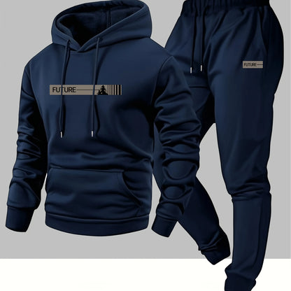 Men's two-piece set casual long-sleeved hooded sweatshirt and sports pants outfit suitable for winter and autumn  Sports outfit