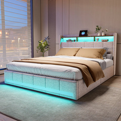 Rosahqnda Upholstered Double Bed 160 x 200 cm, Bed 180 x 200 cm with Storage Box, Storage Bed with 4 Drawers and LED Lighting