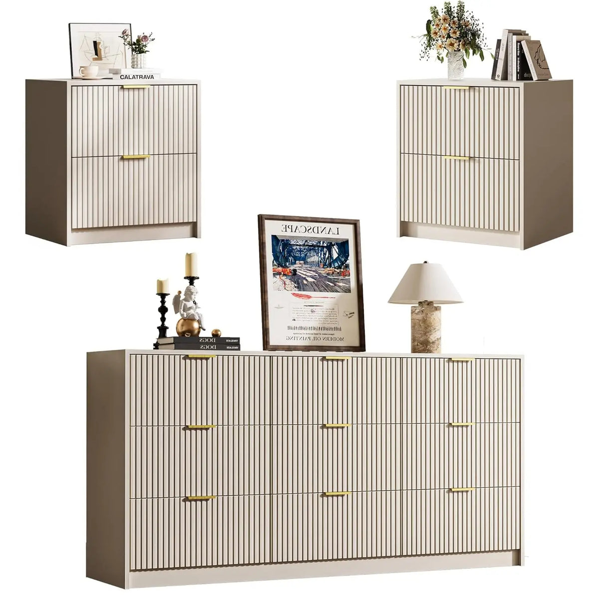 3-Piece Dresser Bedroom Set, 9 Drawer Dresser &amp; 2 Drawer Nightstands with Gold Handles, Fluted Wood Chest of, Customized