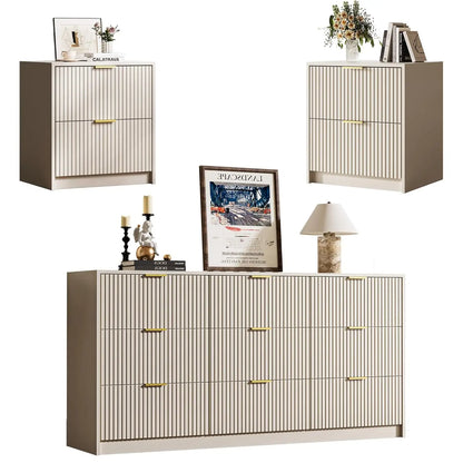 3-Piece Dresser Bedroom Set, 9 Drawer Dresser &amp; 2 Drawer Nightstands with Gold Handles, Fluted Wood Chest of, Customized