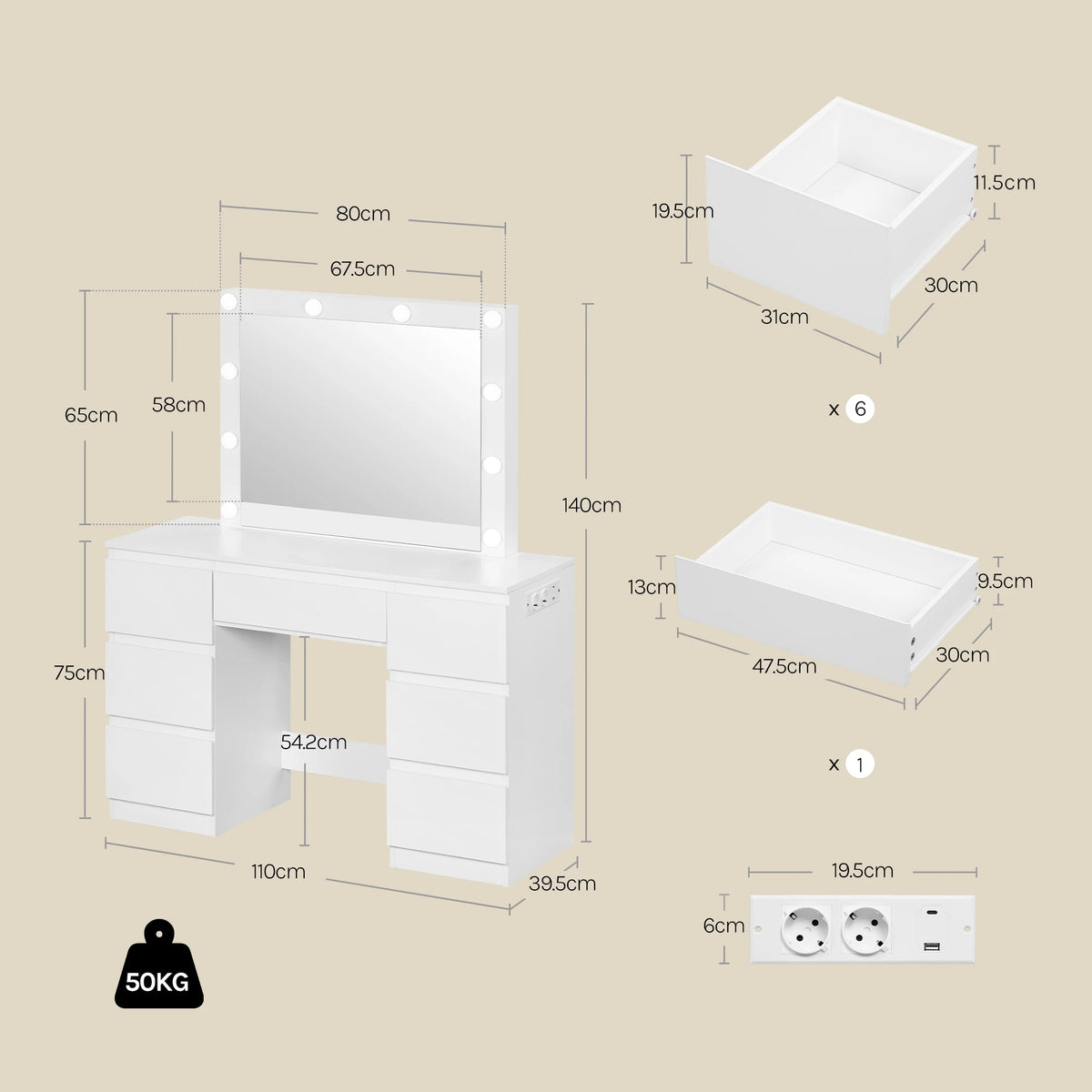 WOLTU White Dressing Table Girls/Women Vanity Dresser with Large Mirror 7 Drawers Makeup Desk with LED Lights Charging Socket