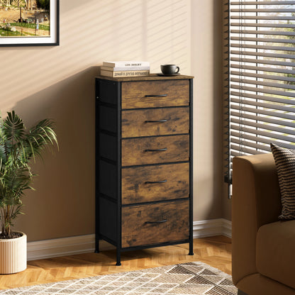 WOLTU Rustic Brown Dresser Storage Unit Chiffonier with 5 Fabric Drawers Wardrobe Living Room Cabinet