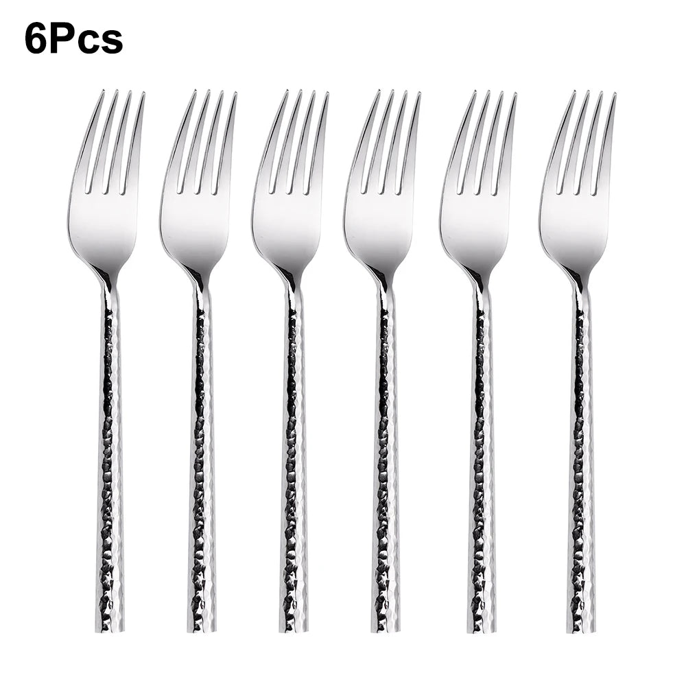 6/12/15Pcs Sliver Heavy Cutlery Stainless Steel 304 Tableware Western Dinner Set Mirror Hammer Pattern Handle Knife Fork Spoon