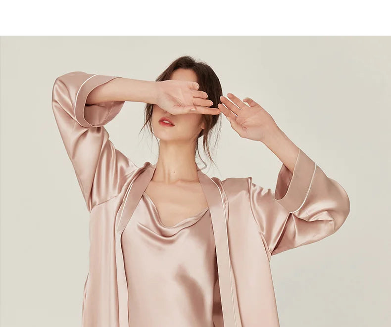 BirdTree, 100%Real Silk Simple Night-robe, Women V Neck Long Sleeve, Elegant Sexy Pajamas Robe, 2024 Summer Autumn New P469123QM
