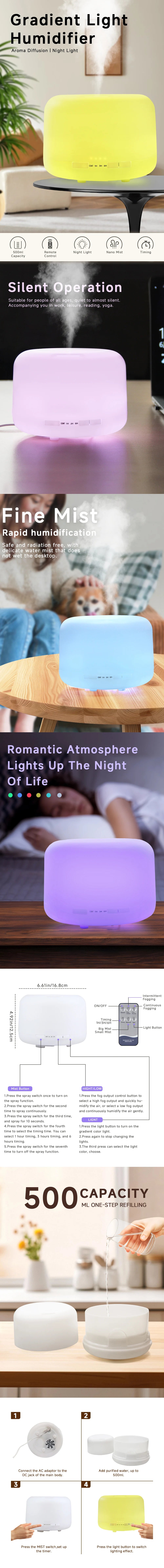 Air Humidifier Essential oil Diffuser 500ML Ultrasonic Cool Mist Maker Fogger USB Humidifier LED Lamp Aroma Diffuser with Light