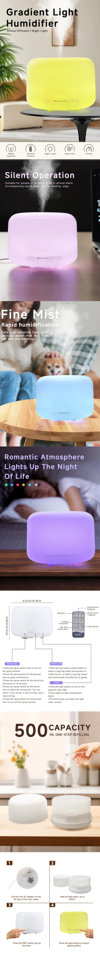 Air Humidifier Essential oil Diffuser 500ML Ultrasonic Cool Mist Maker Fogger USB Humidifier LED Lamp Aroma Diffuser with Light