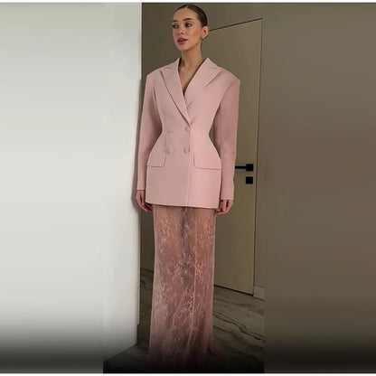 Retro Solid Suit Jacket Lace Skirt Set Women Sexy Waist-cinching Jackets Perspective Long Skirts Sets Lady 2025 Chic Streetwear