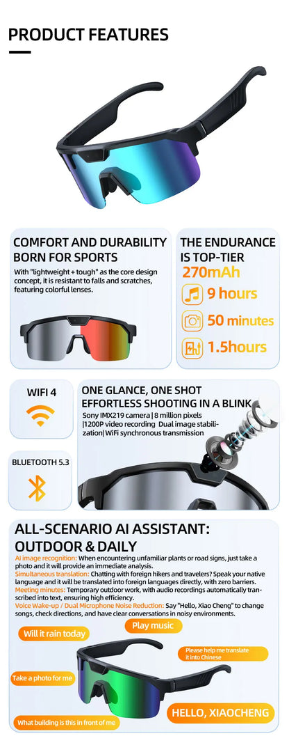 2026 New AI Smart Sports shooting&amp;recording Glasses 800W Camera HD Anti-shake Bicycle Riding Shooting Artifact Windproof Goggles