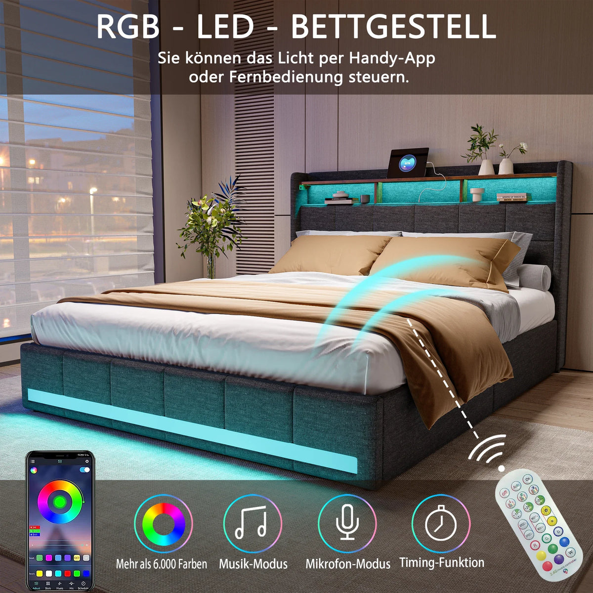 Rosahqnda Upholstered Double Bed 160 x 200 cm, Bed 180 x 200 cm with Storage Box, Storage Bed with 4 Drawers and LED Lighting