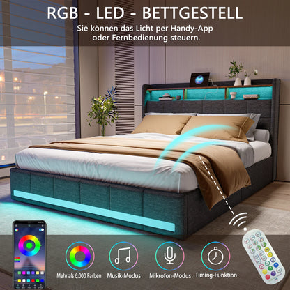 Rosahqnda Upholstered Double Bed 160 x 200 cm, Bed 180 x 200 cm with Storage Box, Storage Bed with 4 Drawers and LED Lighting