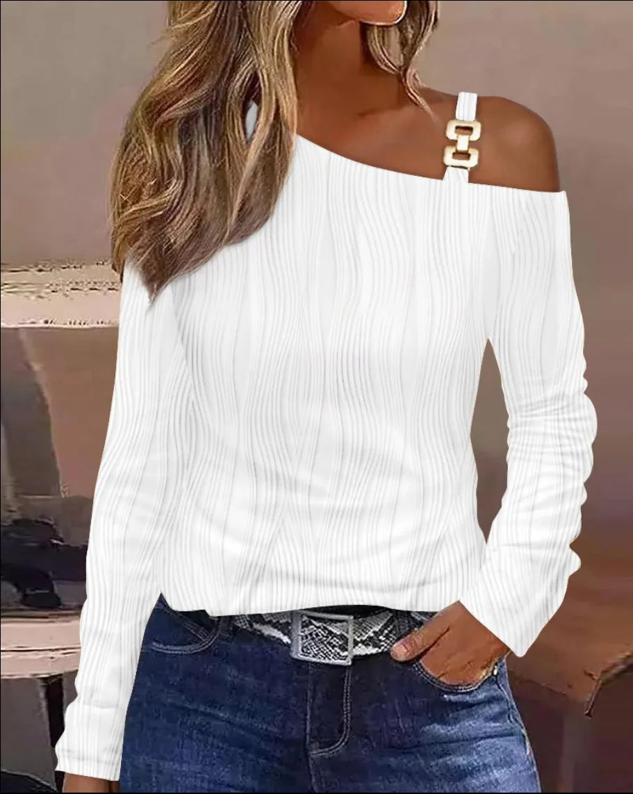 Sexy Elegant Off Shoulder White Lace Women Tops And Blouses 2023 Autumn Long Sleeve Top Femme Print Metal Buckle Office Blouse