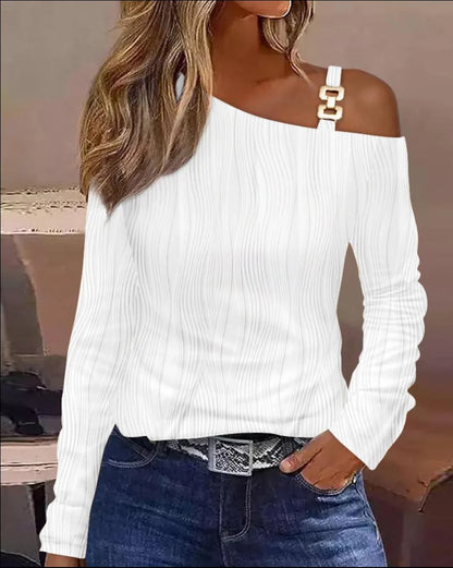 Sexy Elegant Off Shoulder White Lace Women Tops And Blouses 2023 Autumn Long Sleeve Top Femme Print Metal Buckle Office Blouse