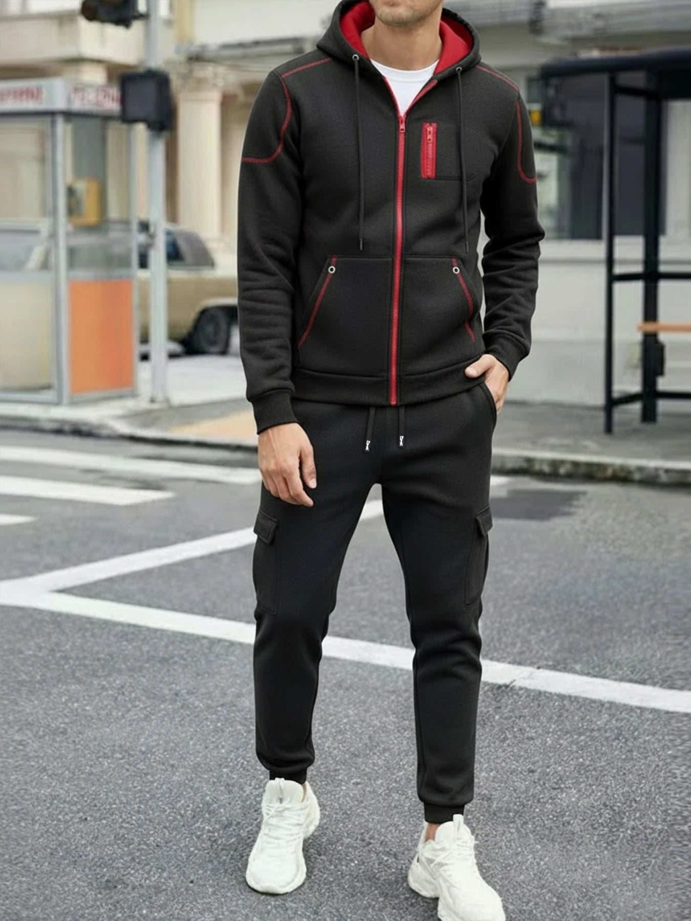 2025 Popular Two-piece Men's Sportswear Autumn Solid Color Jogging Suit Hooded Zipper Jacket + Sport Pants Casual Sports Set