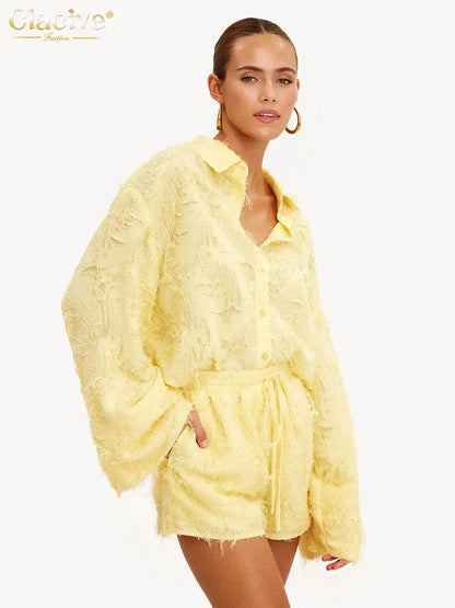 Clacive Fashion Loose Yellow 2 Piece Sets Women Outfit 2024 Casual Long Sleeve Shirt With High Waist Shorts Set Streetwear