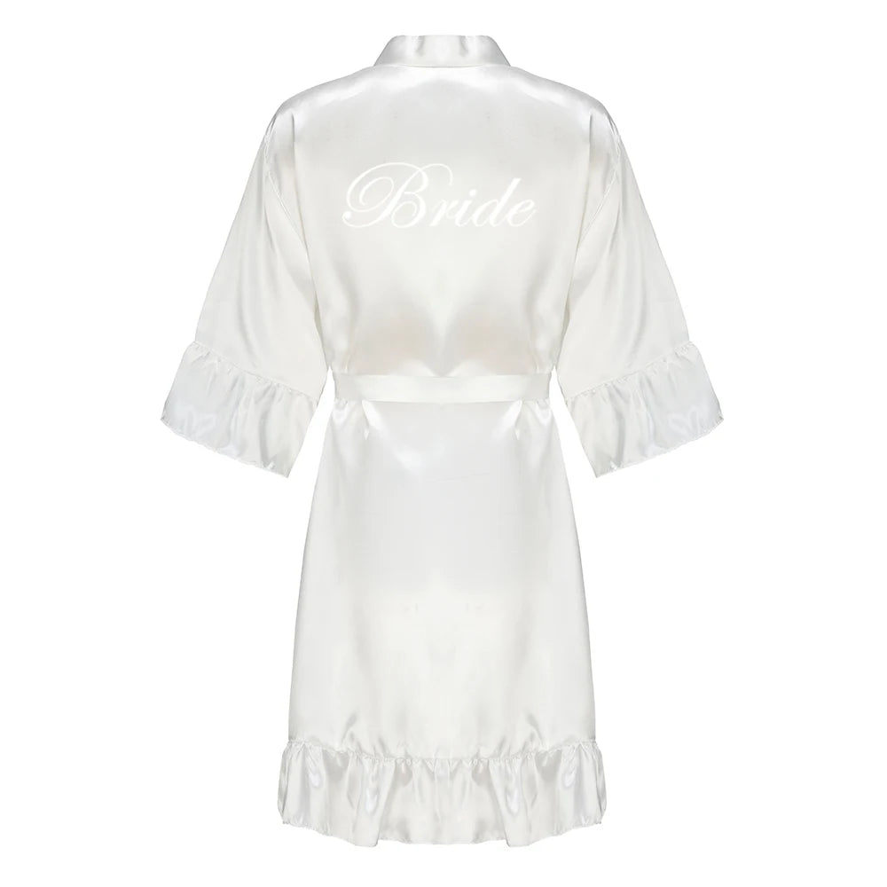Green Bridesmaid Mother of The Bride Robes With Ruffle White Letters Satin Bridal Party Bathrobe Wedding Gift
