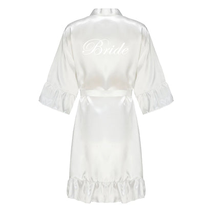 Green Bridesmaid Mother of The Bride Robes With Ruffle White Letters Satin Bridal Party Bathrobe Wedding Gift