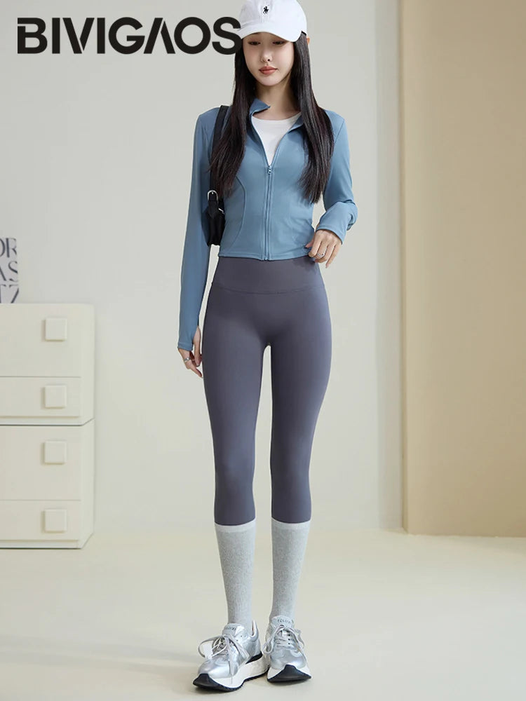 BIVIGAOS Spring New Double V 3D Curve Sharkskin Leggings Women High Waist Tight Slim Sports Fitness Push Up Leggings Yoga Pants