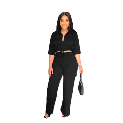 Elegant Office Women Two Piece Sets Autumn V Turn-down Neck Half Sleeve Drawstring Lace Up Short Shirt + Wide Leg Trousers Set