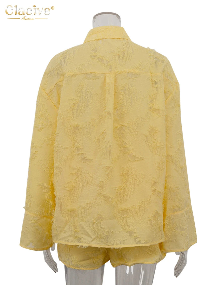 Clacive Fashion Loose Yellow 2 Piece Sets Women Outfit 2024 Casual Long Sleeve Shirt With High Waist Shorts Set Streetwear