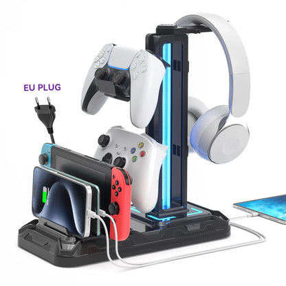 Headset Stand with Charging Station Detachable Controller Holder with 9 Light Modes, Rotatable Headphone Hanger with USB Charger