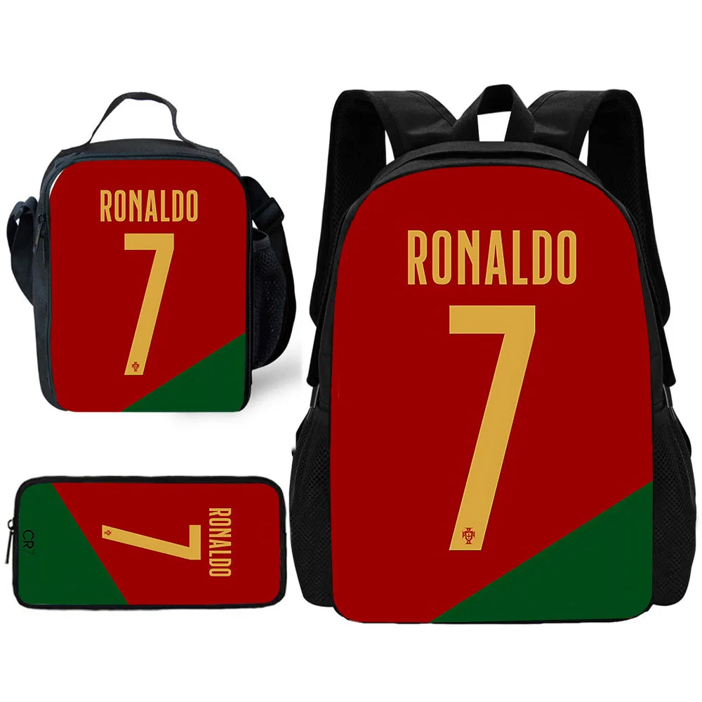 Child School Football R-RonaldoS CR7 Backpack with Lunch Bags ,Pencil Bags ,School Bags for Boys Girls Best Gift