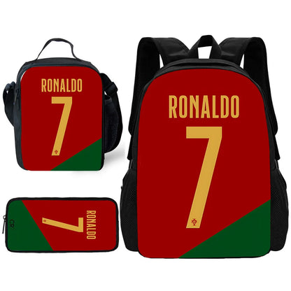Child School Football R-RonaldoS CR7 Backpack with Lunch Bags ,Pencil Bags ,School Bags for Boys Girls Best Gift